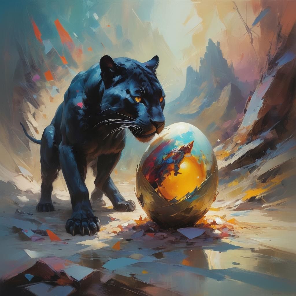 Panther Hatching in Surreal Chromatic Landscape