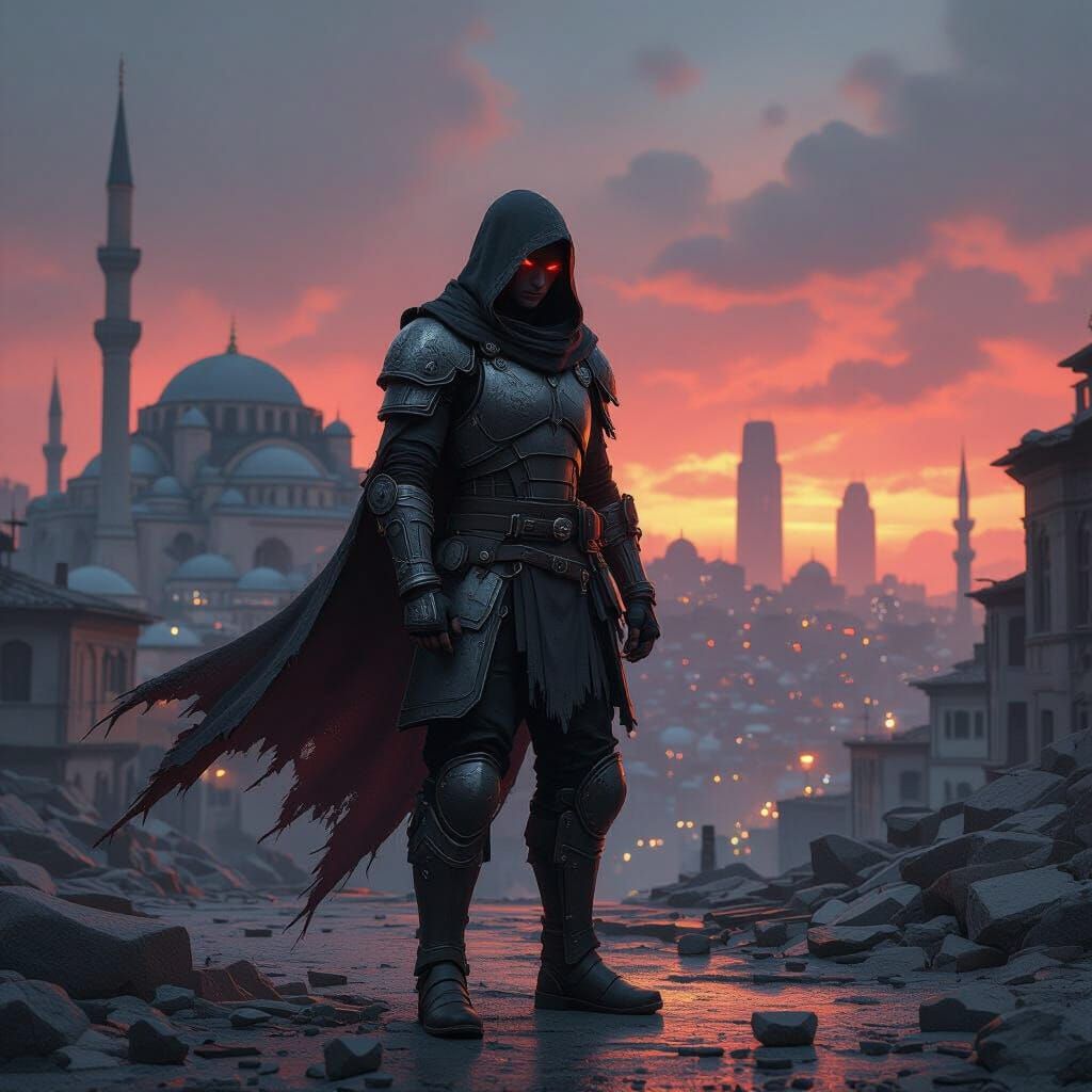 Anime Warrior in Ruined Post-Apocalyptic Istanbul