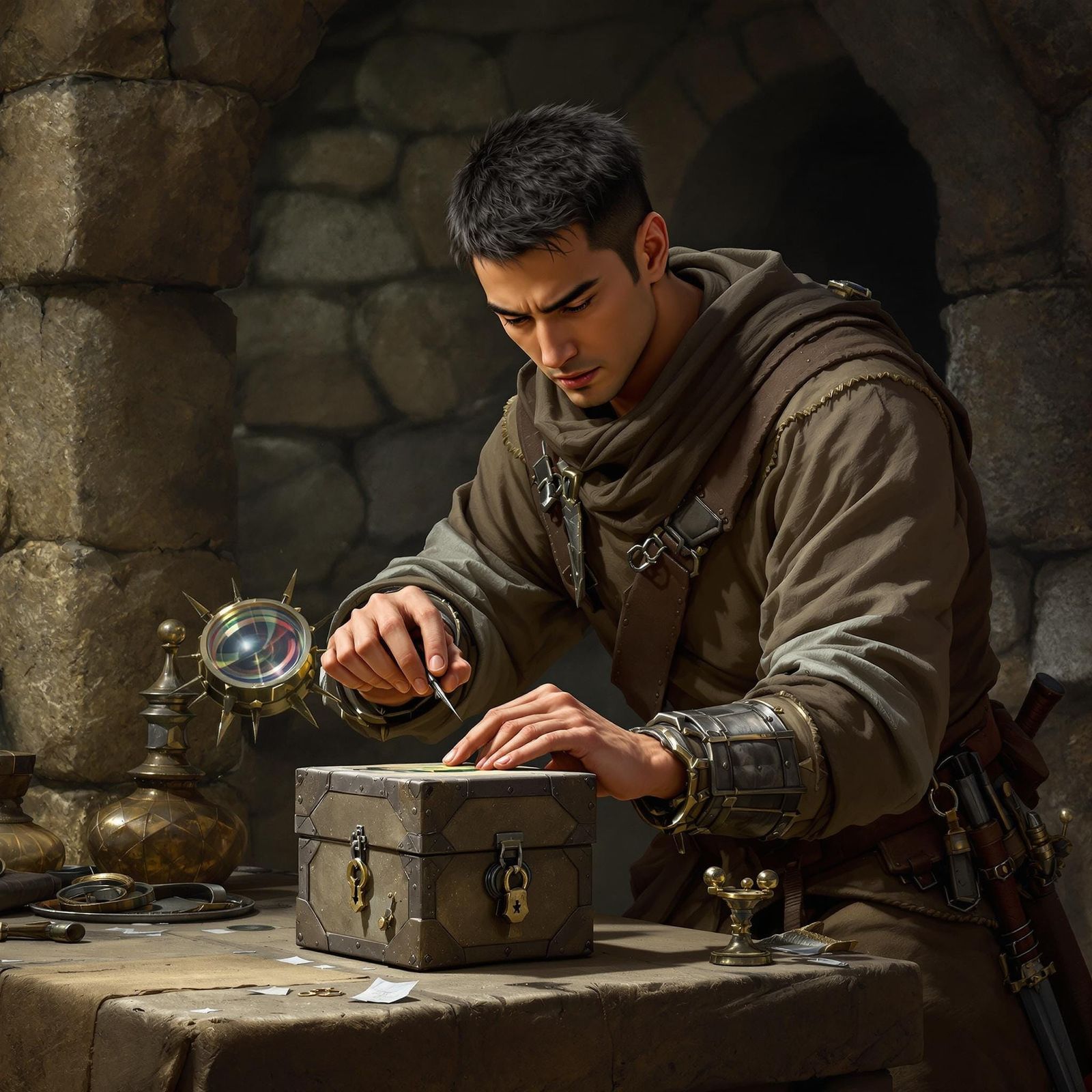 Medieval Rogue Picking Lock in Dungeon