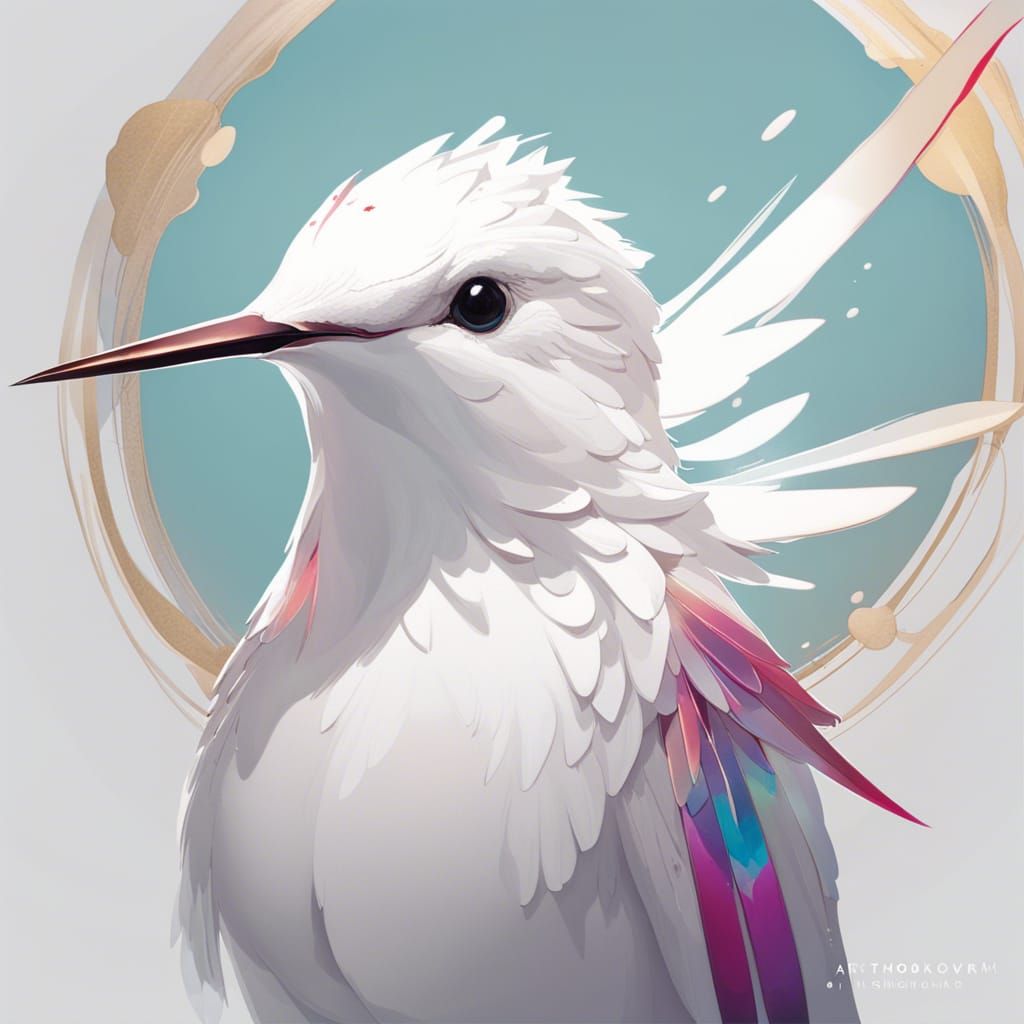 White Hummingbird Portrait in Art Nouveau Style