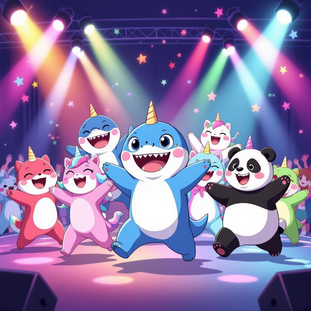 Pink Sharks, Unicorns, and Pandas in a Joyful Anime Parade