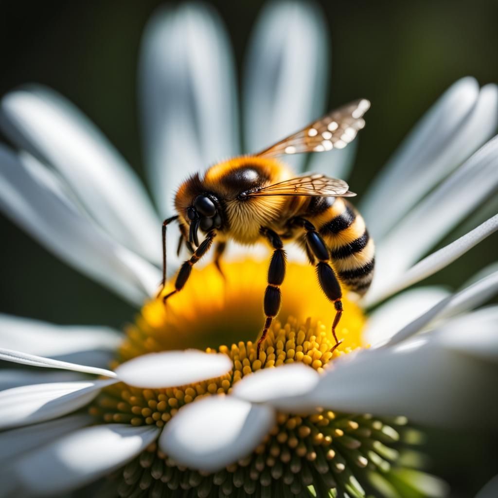Bee on Daisy in Summer Meadow