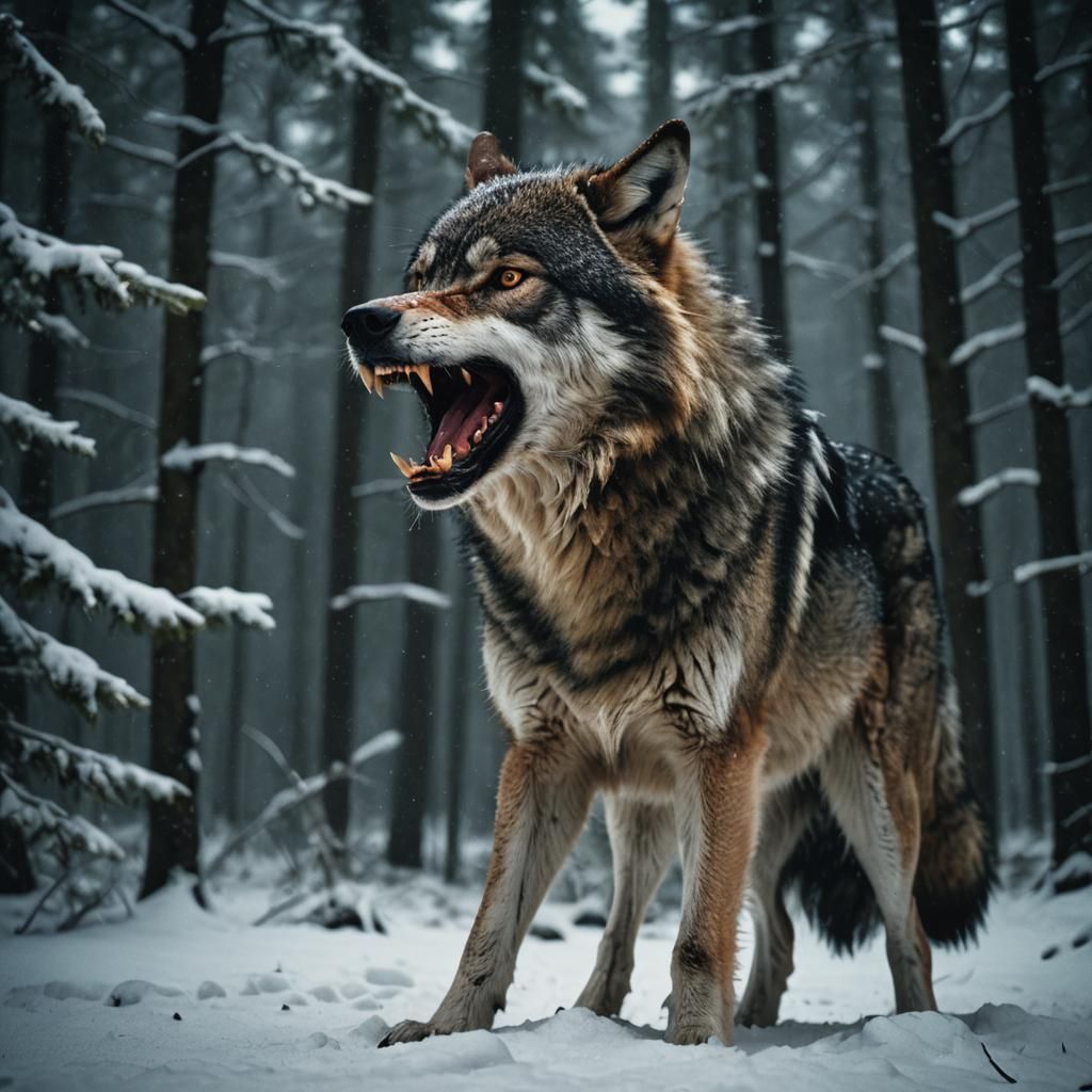 Dramatic Film Still of an Angry Wolf at Night