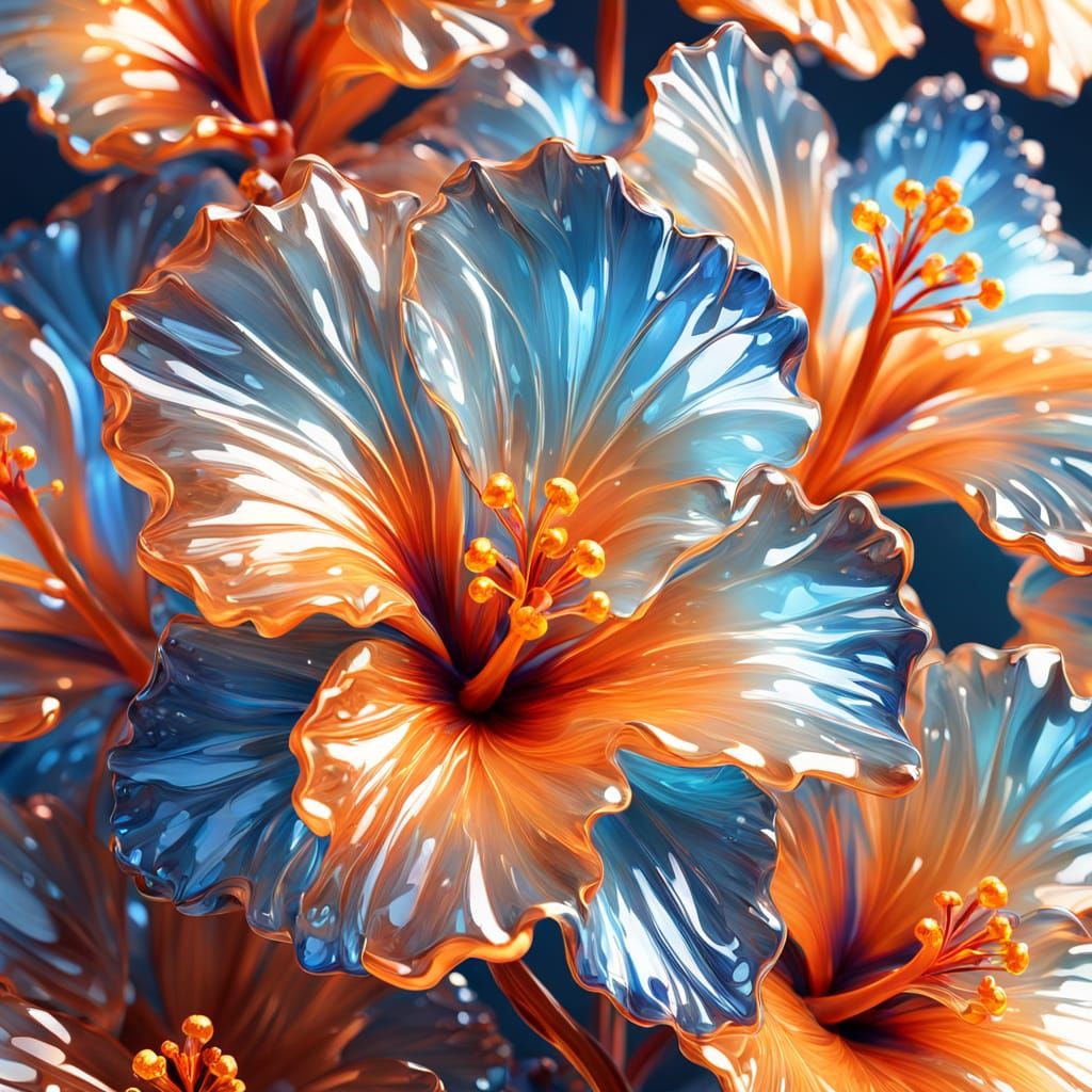 Crystal Hibiscus Flowers in Vibrant Oil Painting Style