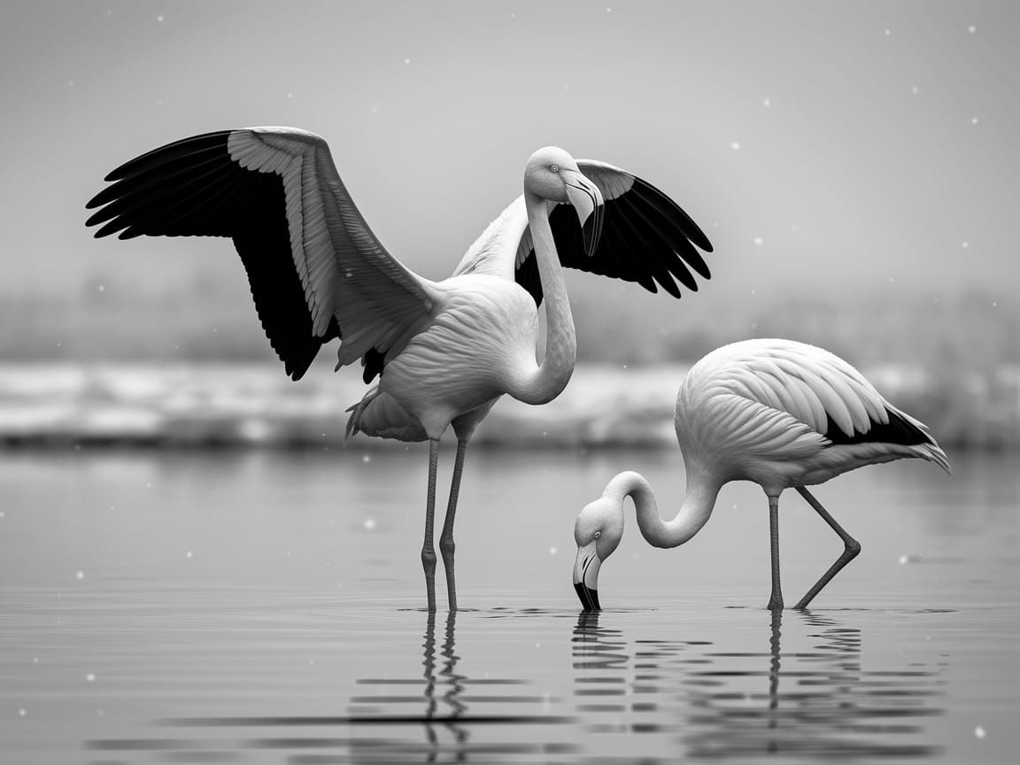 Flamingos in Snow: A Black and White Study