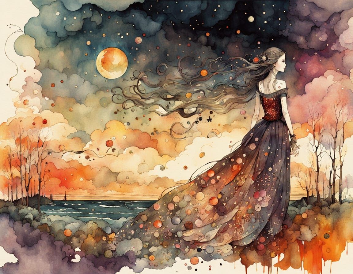 Autumn Landscape with Melting Clouds in Alcohol Ink Style