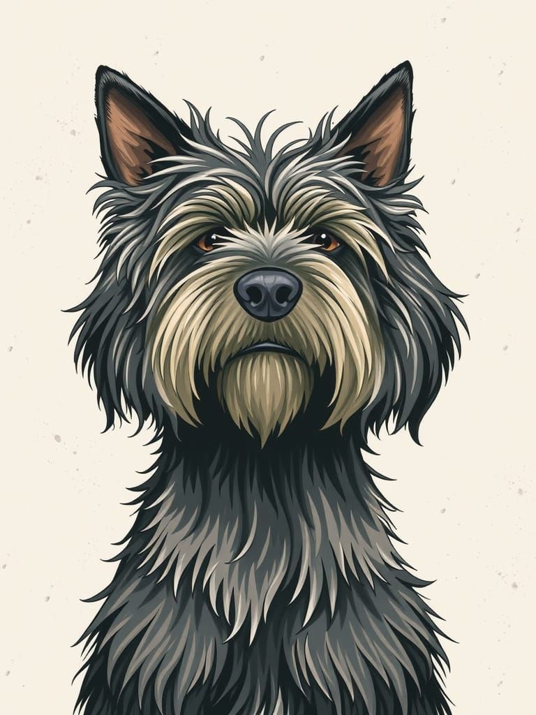 Majestic Shaggy Dog in Whimsical Monochromatic Style