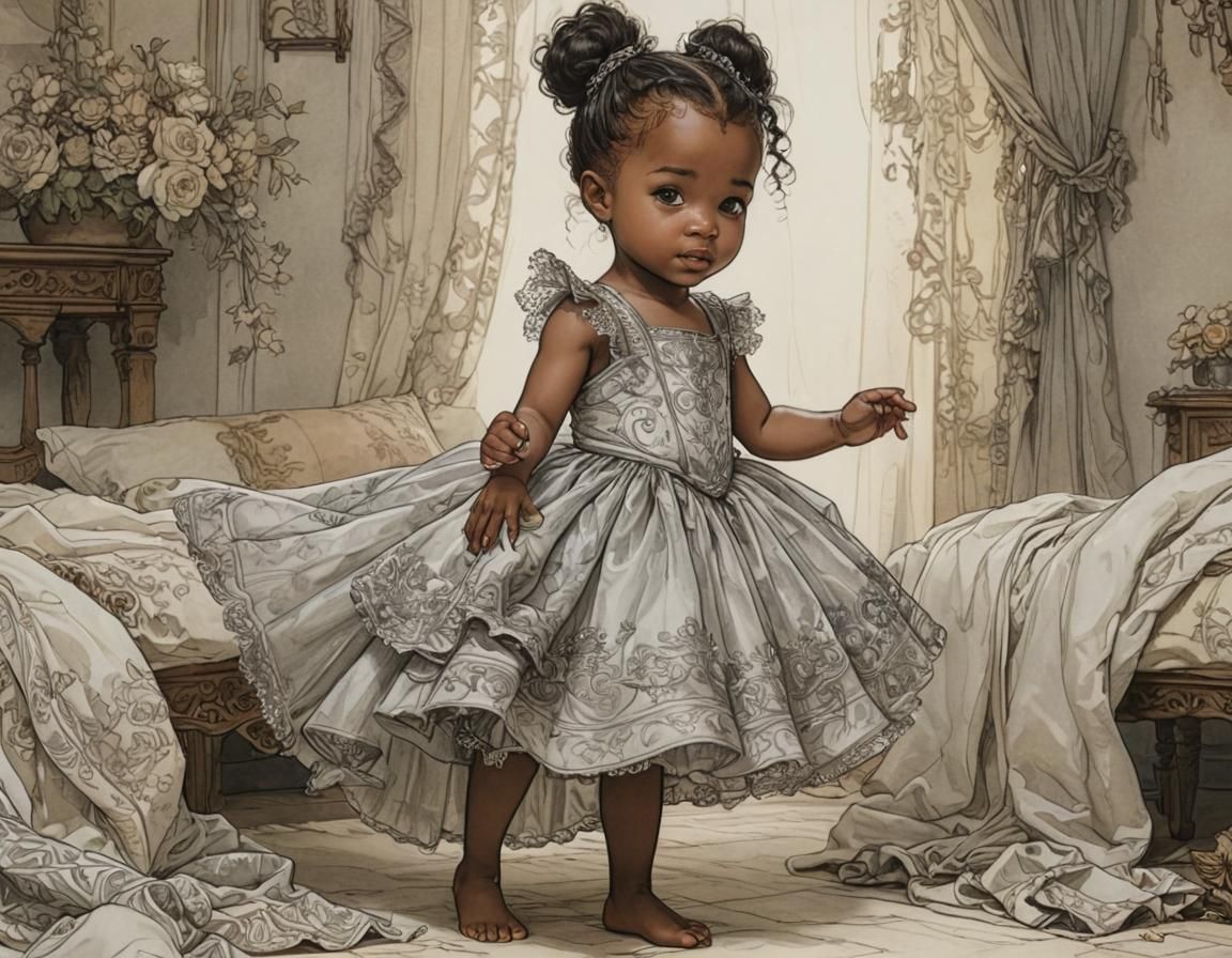 Toddler Girl in Dress, Expressive Illustration
