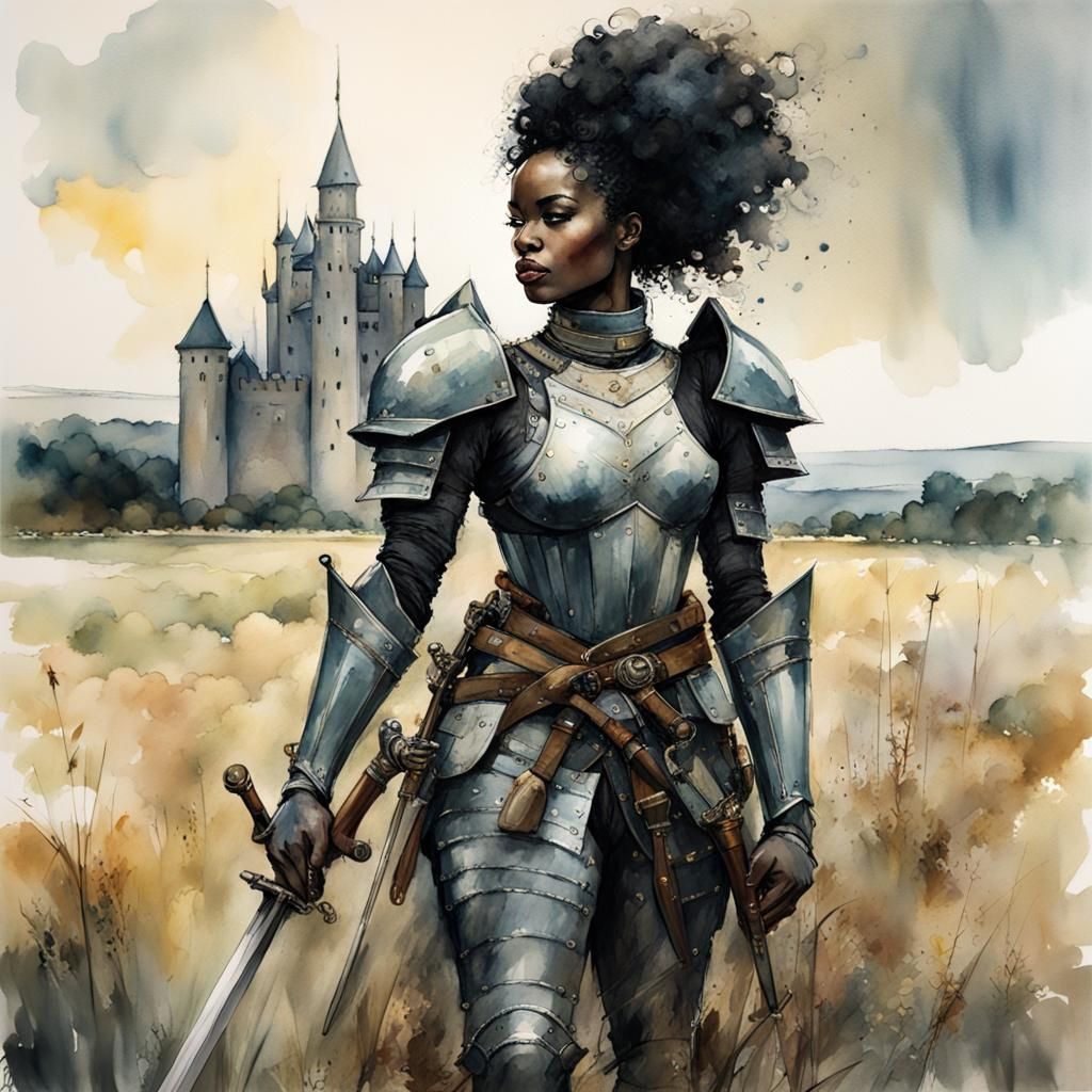 Epic African Female Knight in Watercolor and Ink