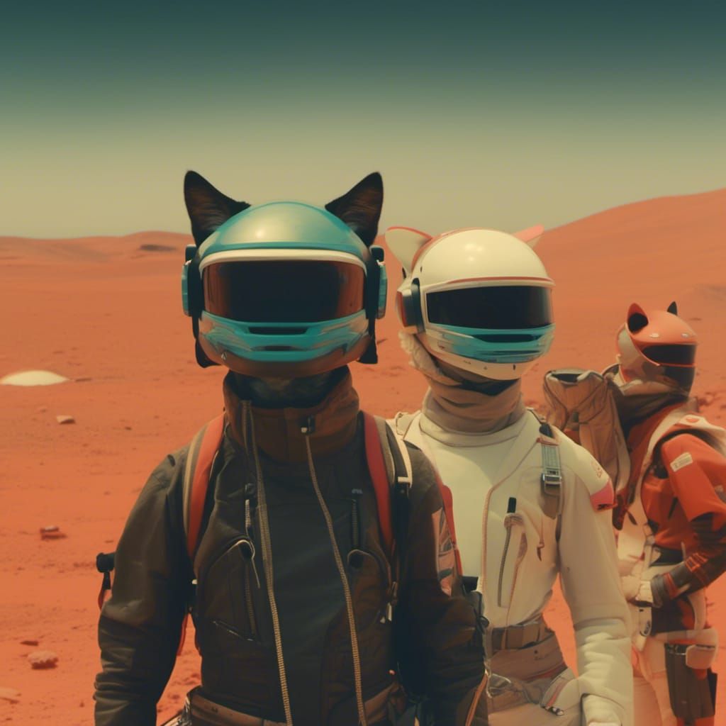 Humanoid Cats on Mars in 90s Vaporwave Style