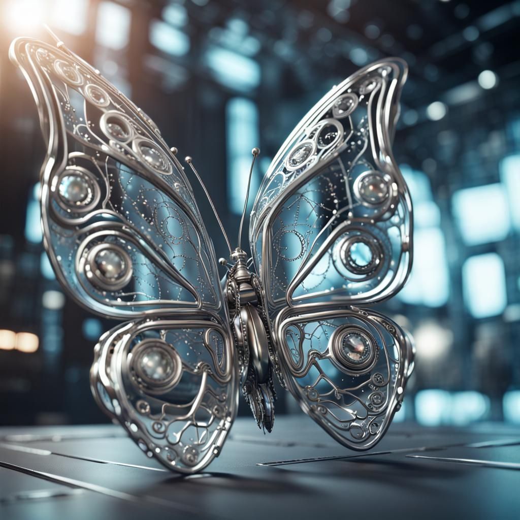 Futuristic Silver Butterfly in Steampunk Style