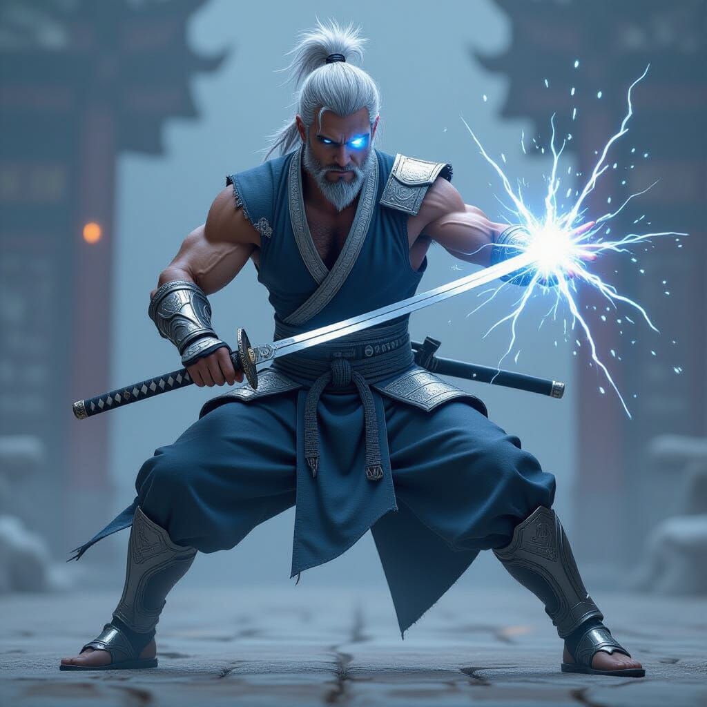 Sci-Fi Warrior Charging Katana with Blazing Energy