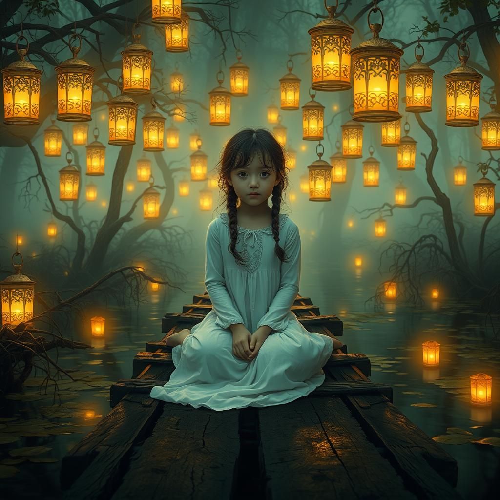 Girl in Mystical Swamp with Floating Lanterns
