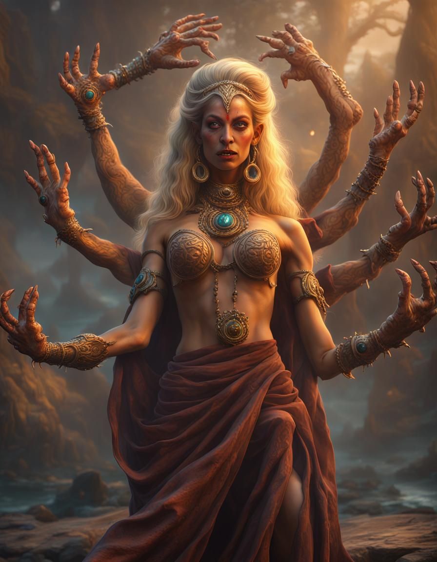 Four-Armed Witch Conjuring Spell in Dark Fantasy Art