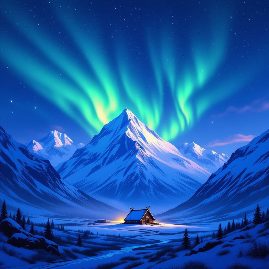 Viking Longhouse Under Aurora Borealis Mountain Landscape Pa...