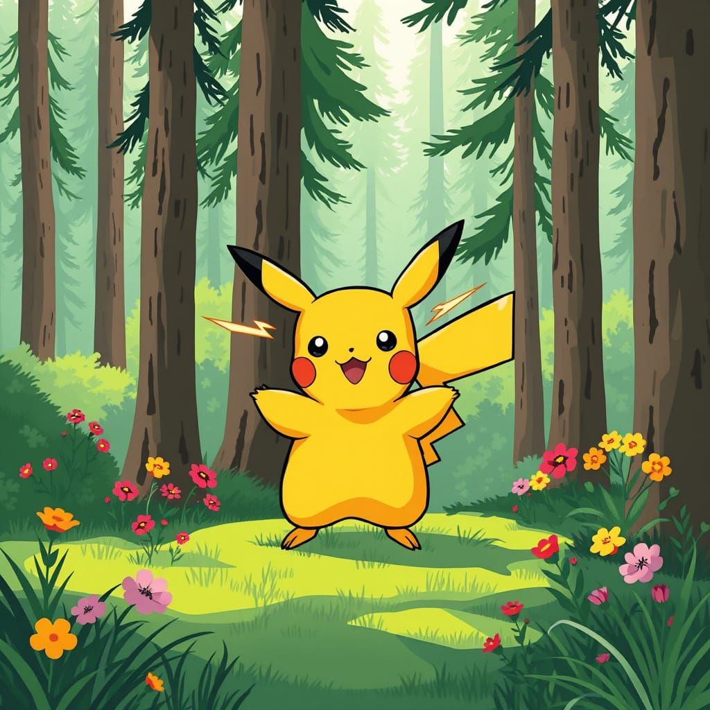 Whimsical Pikachu in a Lush Forest Clearing