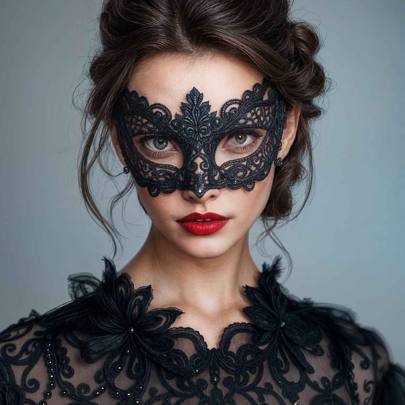Elegant Woman in Dark Gray Masquerade Mask