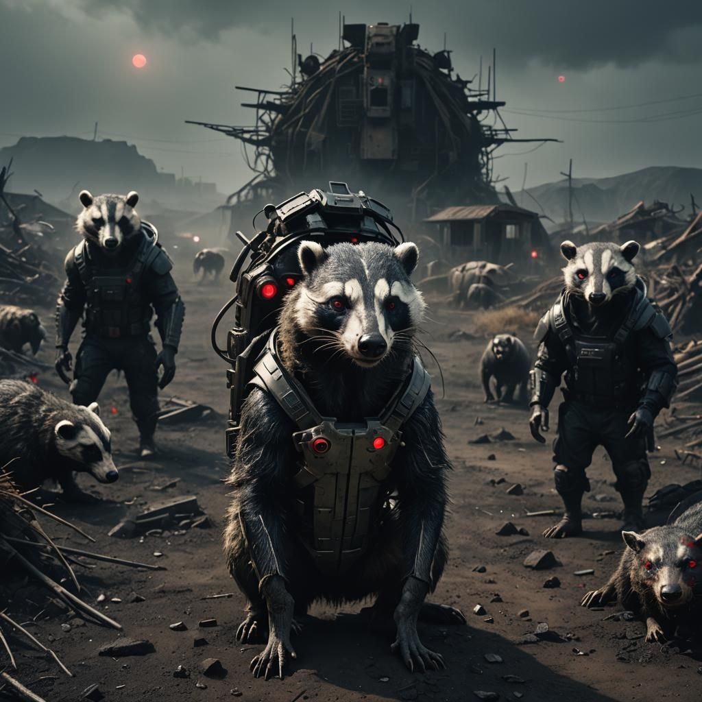 Mutated Cyberpunk Badger in Apocalyptic Landscape