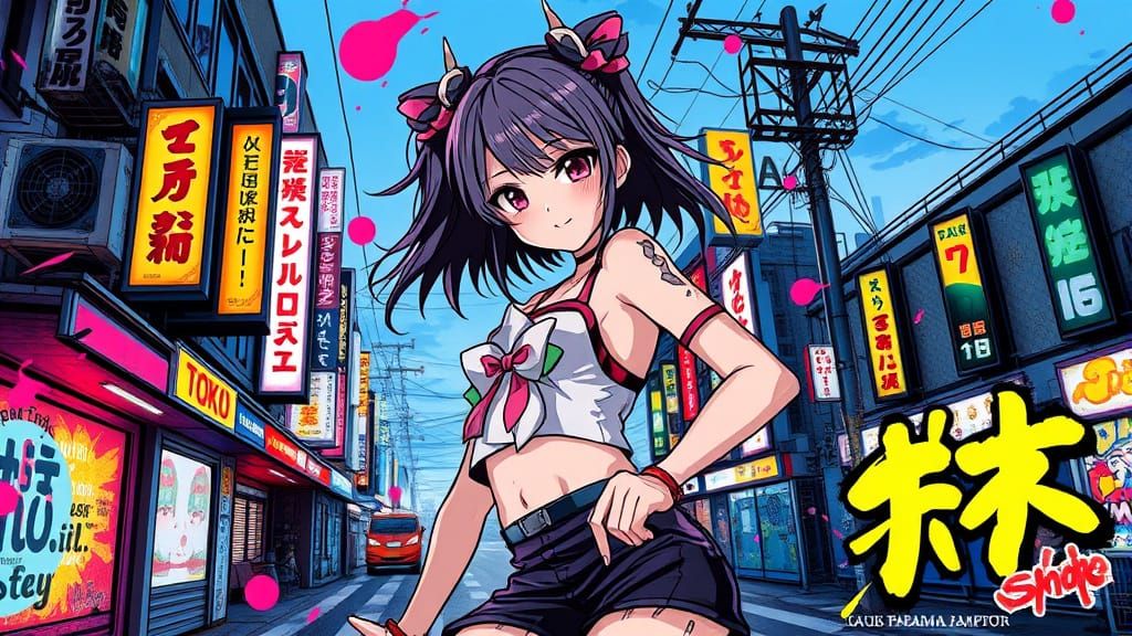 Graffiti Anime Girl Concept Art in Futuristic Tokyo Streets
