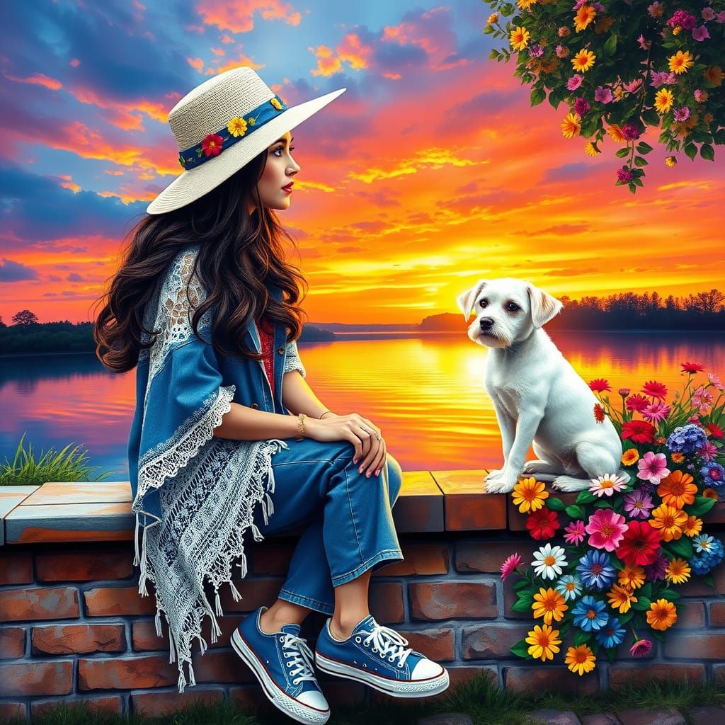 Serene Sunset Scene with Beautiful Brunette Woman and Dog