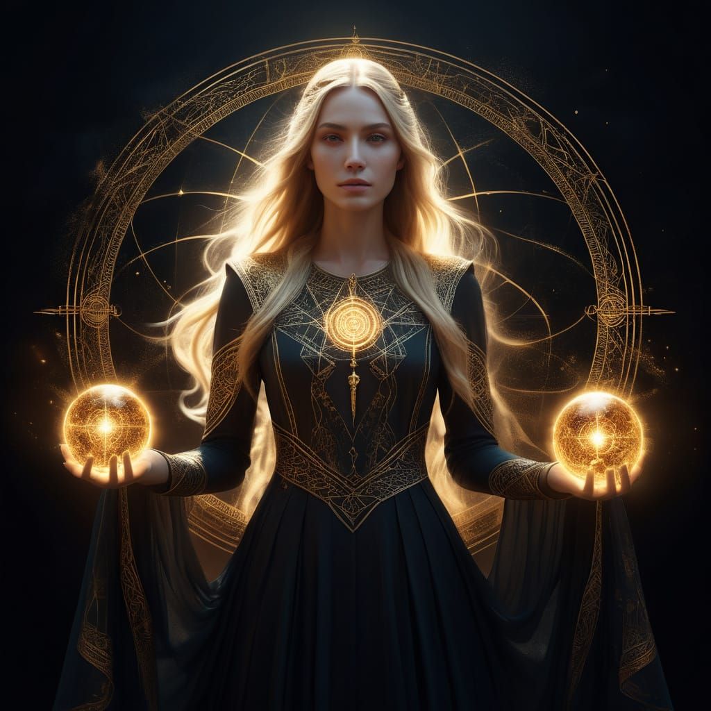 Sorceress Conjuring Fire Orbs in Celestial Realm