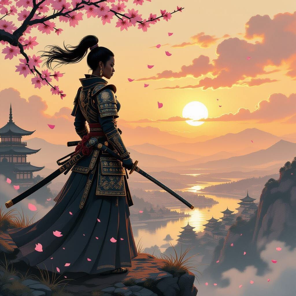 Woman Samurai Overlooking Japanese Landscape in Ethereal Sty...