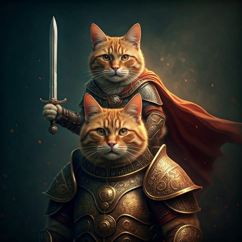 Regal Feline Warrior in Ancient Armor Rides Companion Cat in...