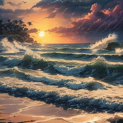 Pink Sunset Over Beach with Lounge Chairs