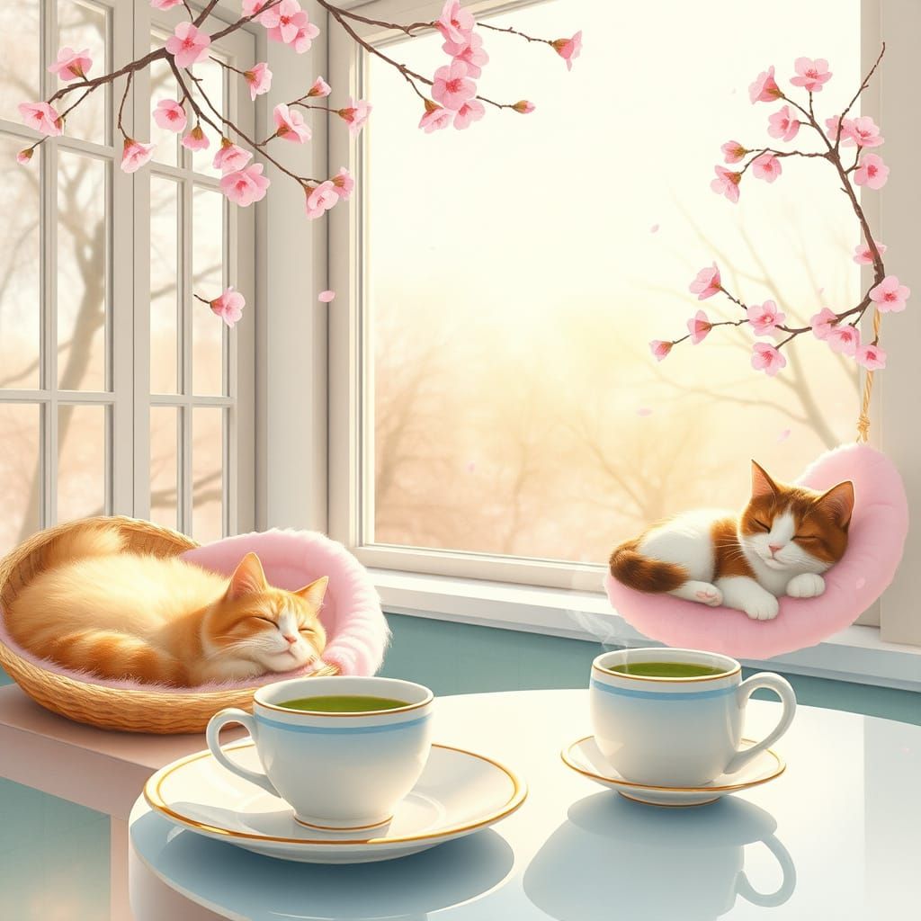 Whimsical Japanese-Inspired Cat Café in Soft Pastel Hues