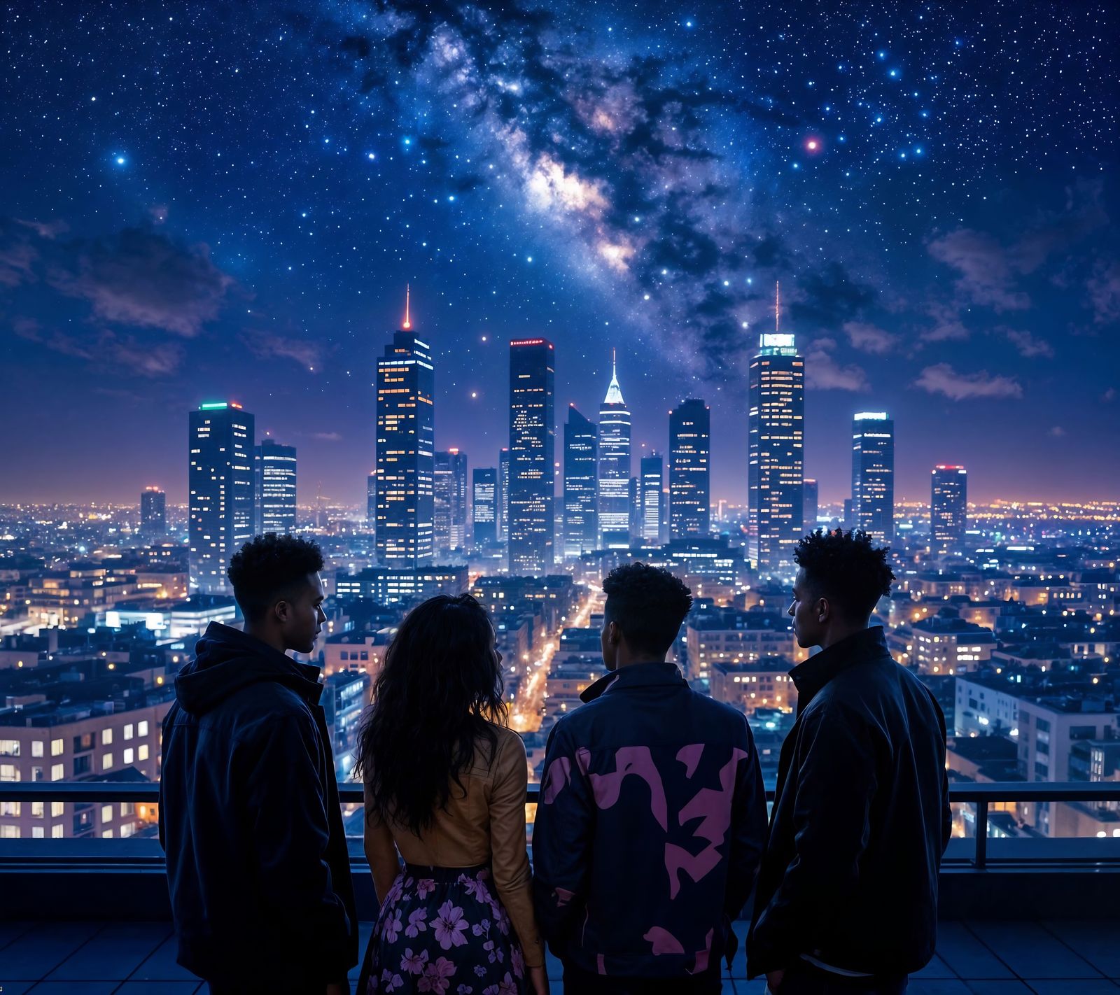 Futuristic Almere Rooftop Gathering at Night