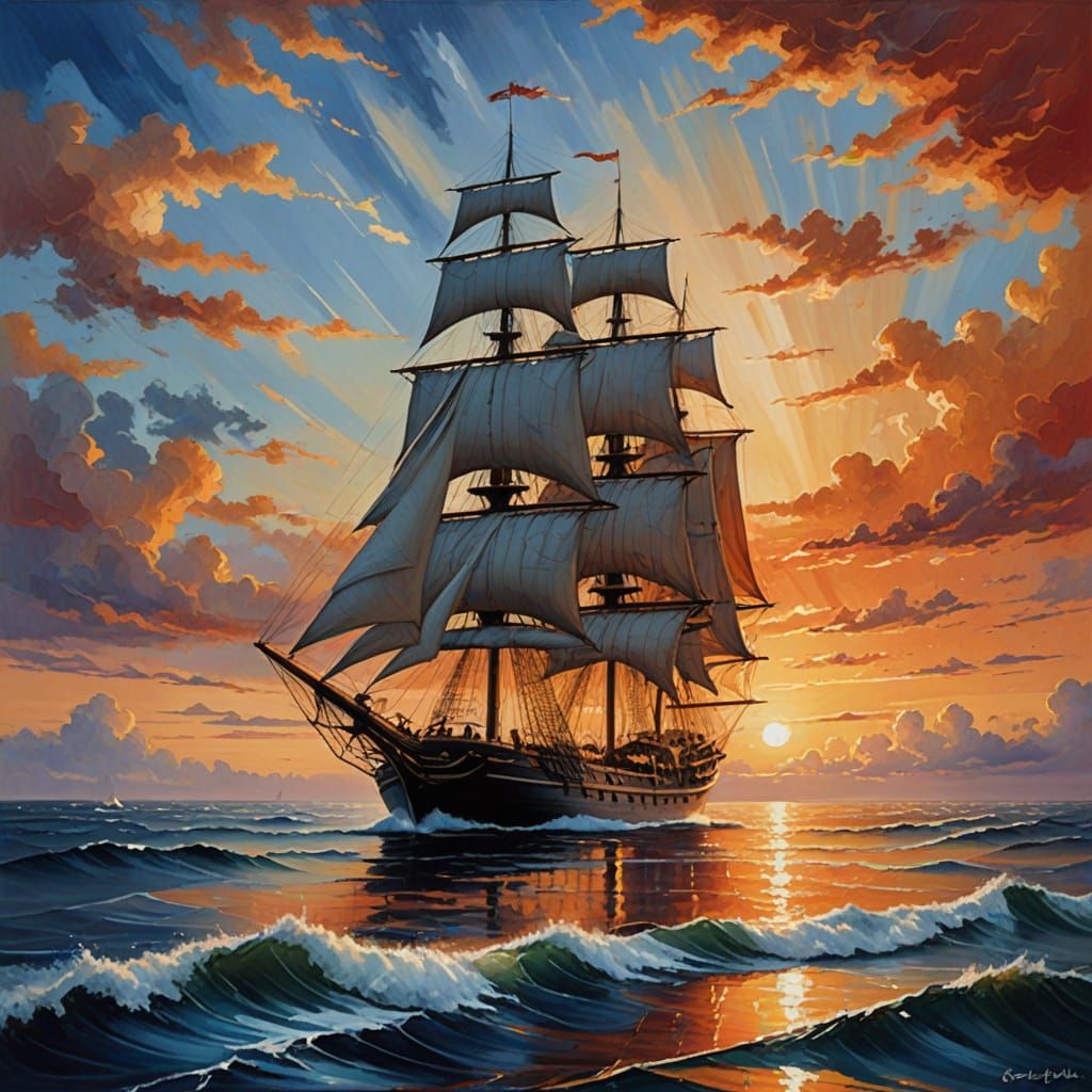Majestic Windjammer Sails into Sunset Glow
