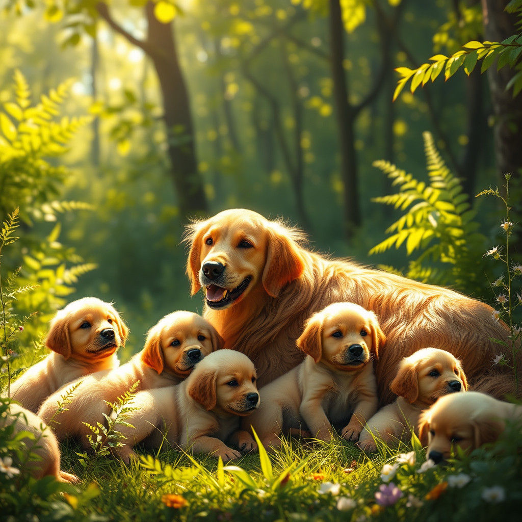 Golden Retriever Family in Emerald Forest: Matte Painting
