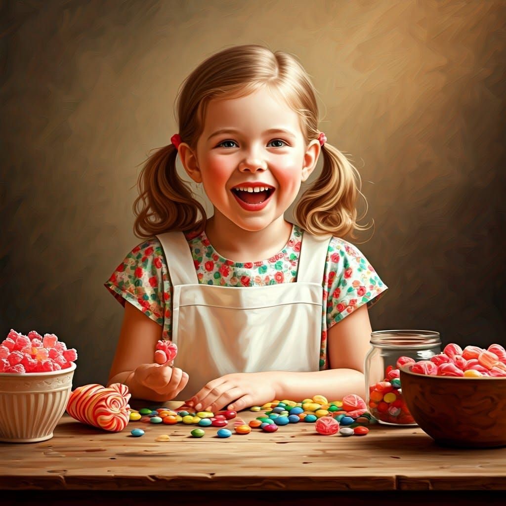 Girl Enjoys Candy: A Whimsical Oil Painting