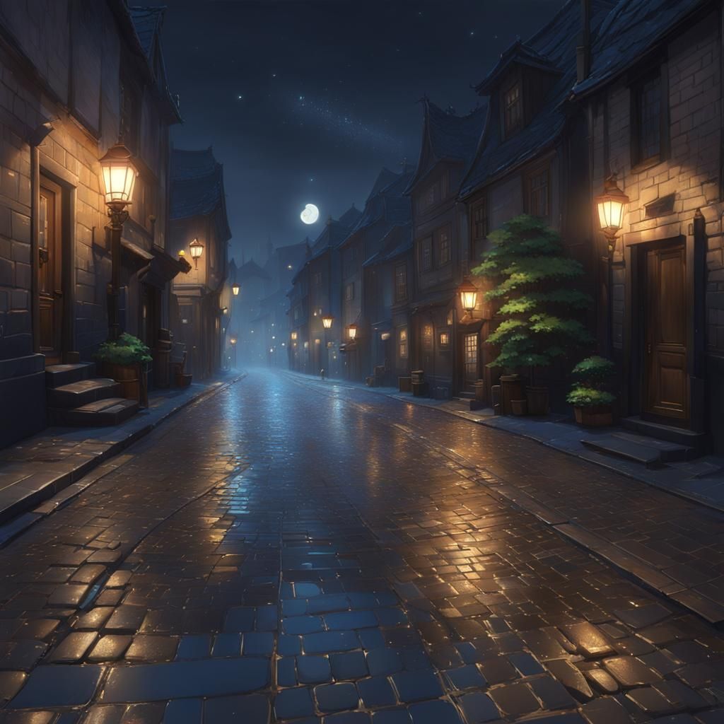 Nighttime Cobblestone Street with Anime Art Style