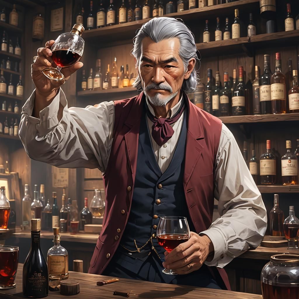 Anime Style Portrait of an Old Man Drinking