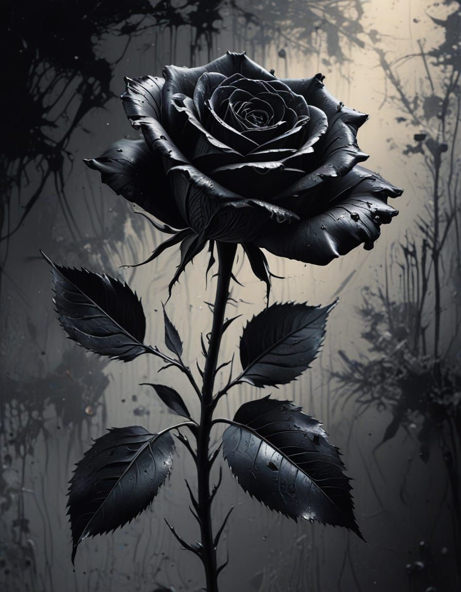 Black Rose Oil Painting with Silver Highlights