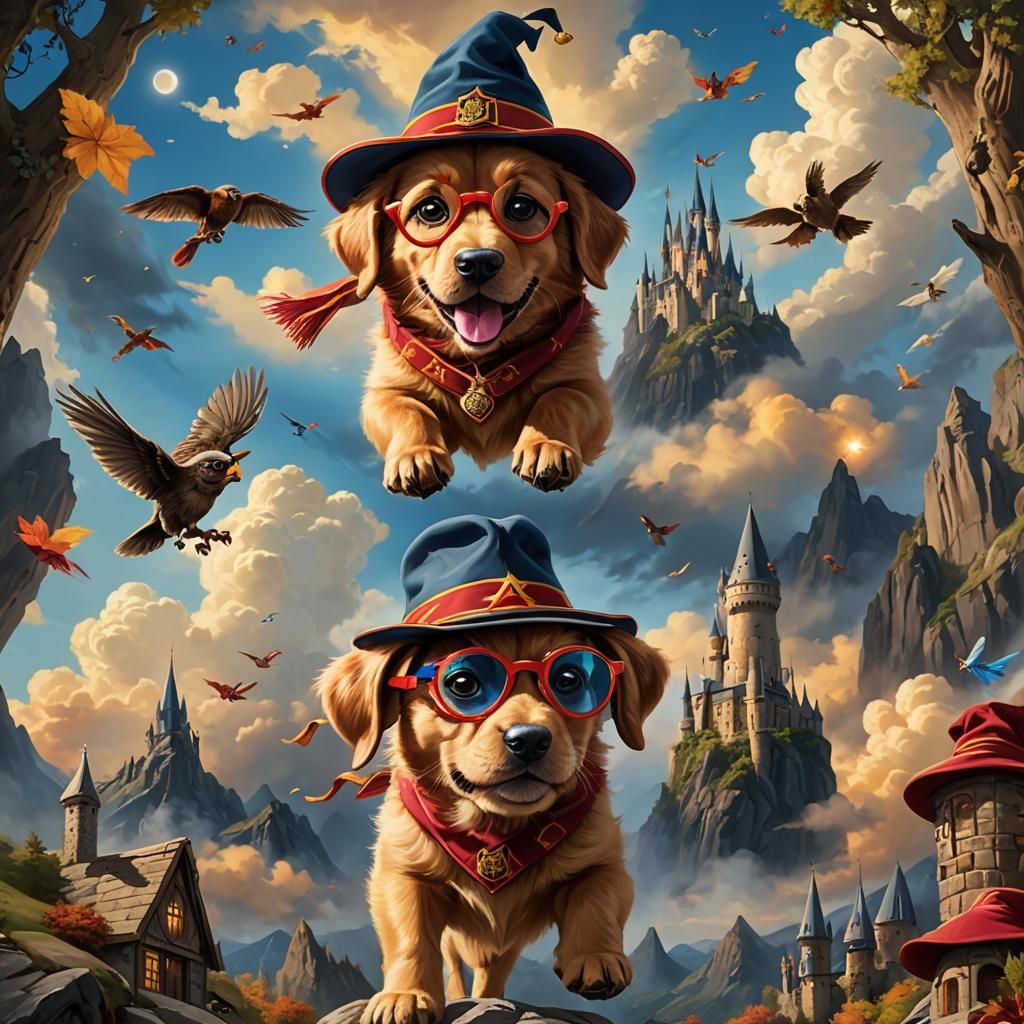 Dog as Harry Potter Flying Over Mountains