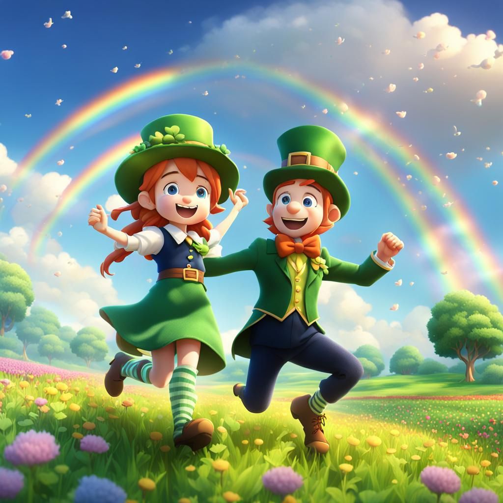 Leprechauns Dancing Under a Rainbow in Anime Style