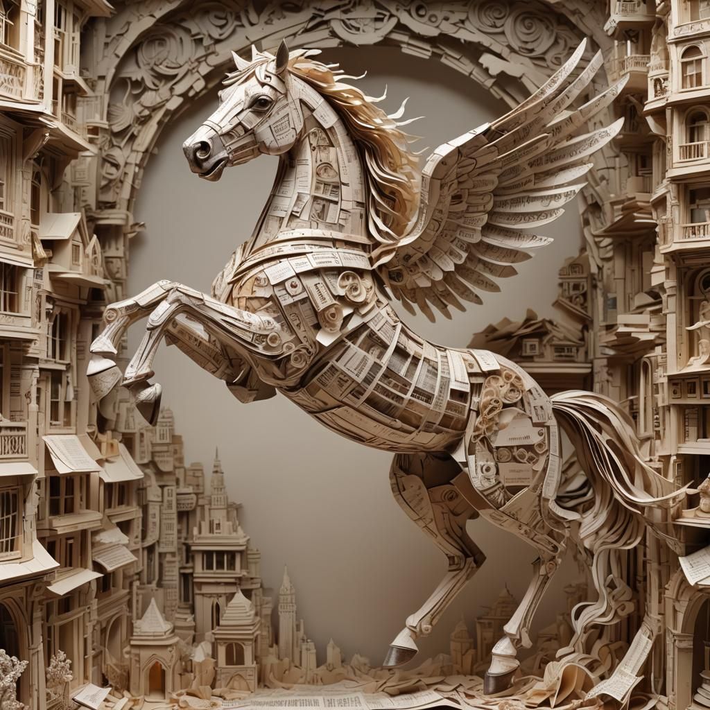 Intricate Paper Sculpture: Pegasus in Flight