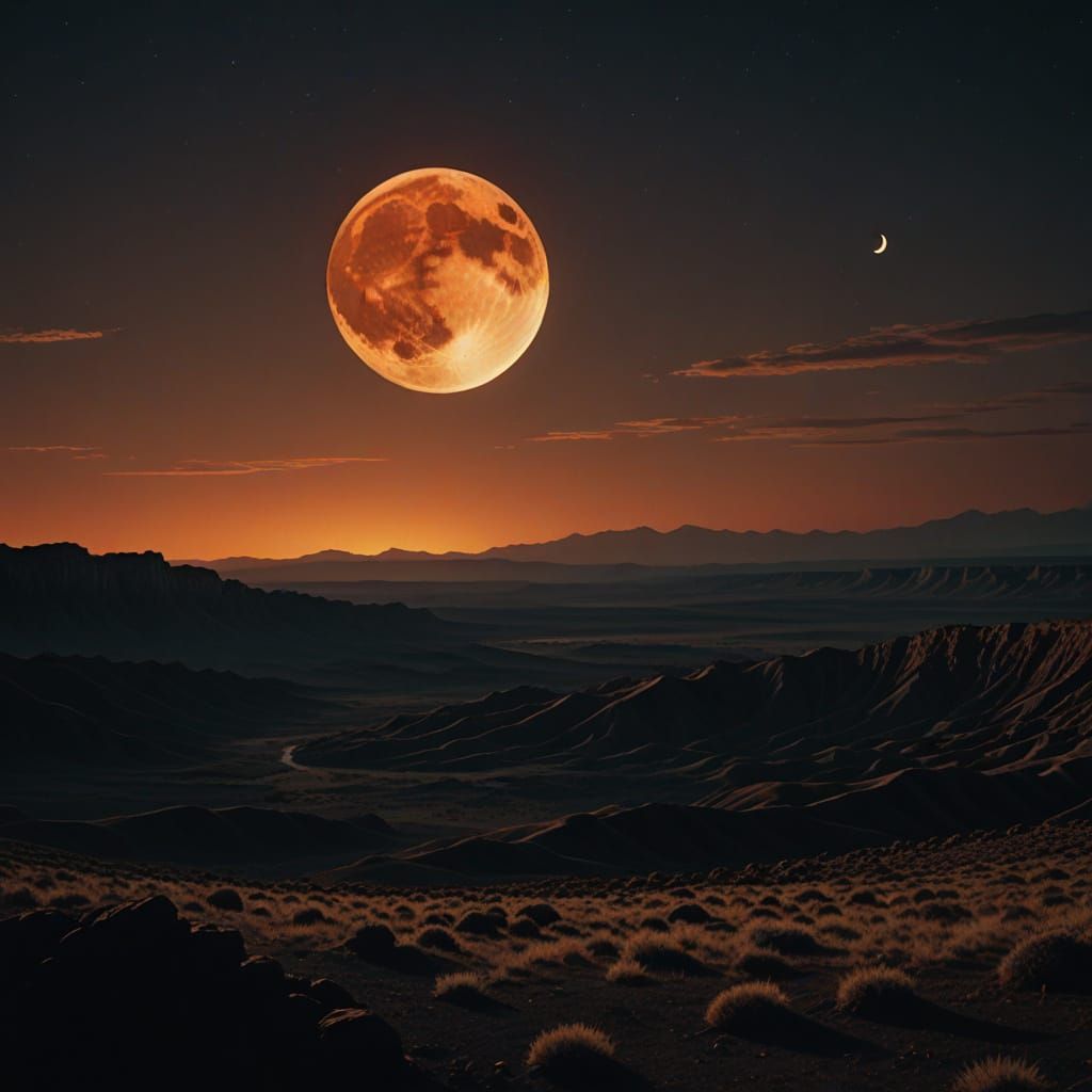 Majestic Partly Red Moon Descends in Cinematic Film Still