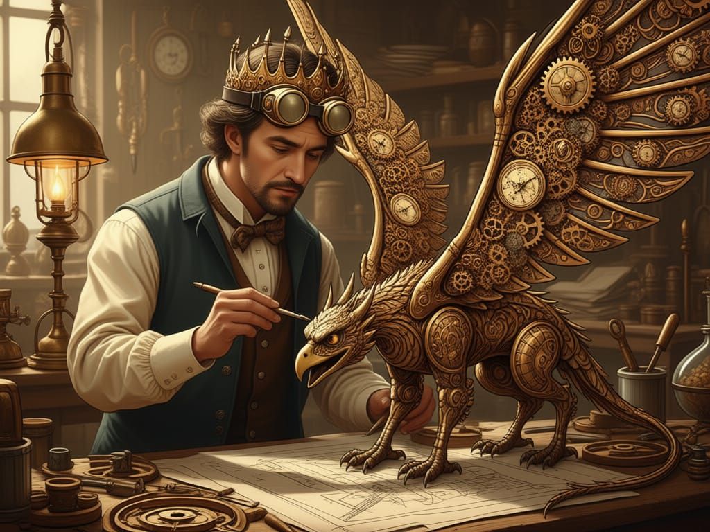 Steampunk Gryphon with Clockwork Wings as Art Nouveau Illust...
