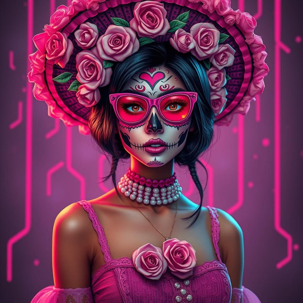 Venezuelan Catrina Girl in Retro-Futuristic Synthwave Style