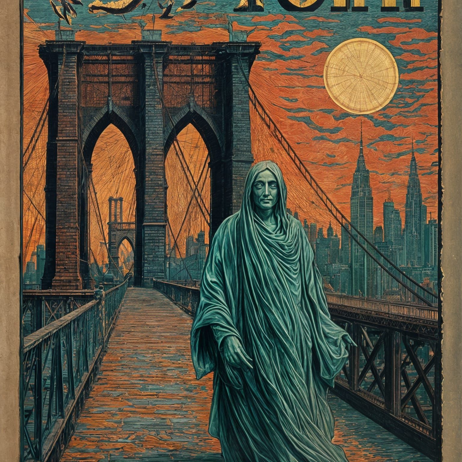 Vintage Macabre Illustration of Brooklyn Bridge