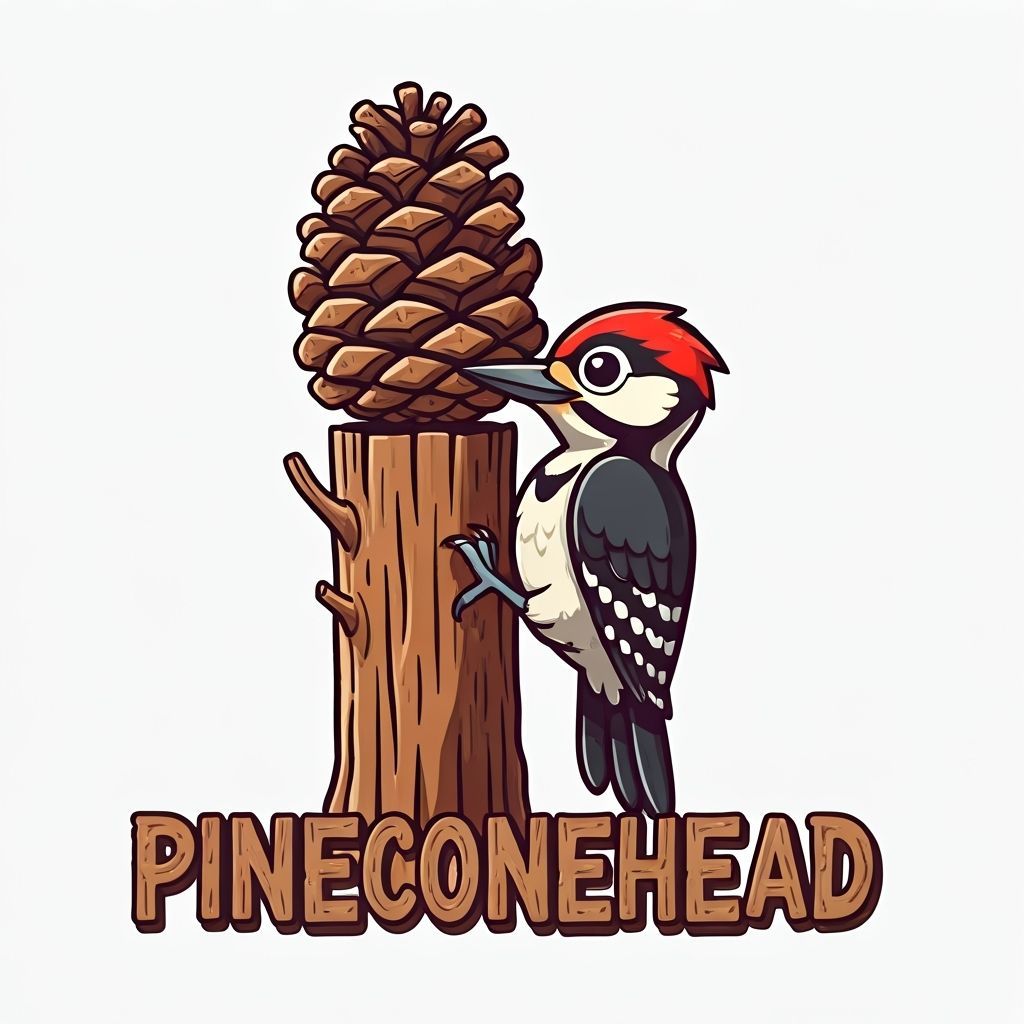 Cartoon Woodpecker with Pinecone Head Perches on Tree
