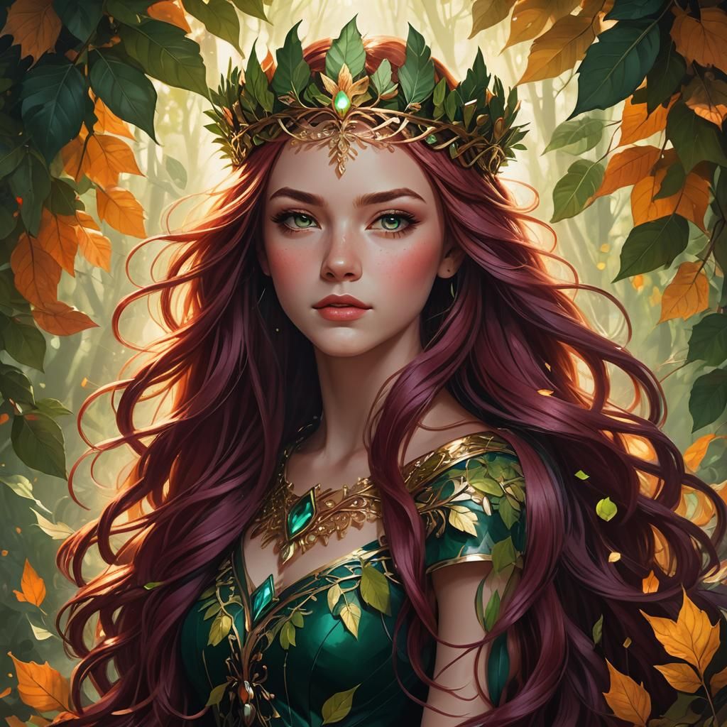 Enchanting Portrait with Leaf Crown, Hyperdetailed