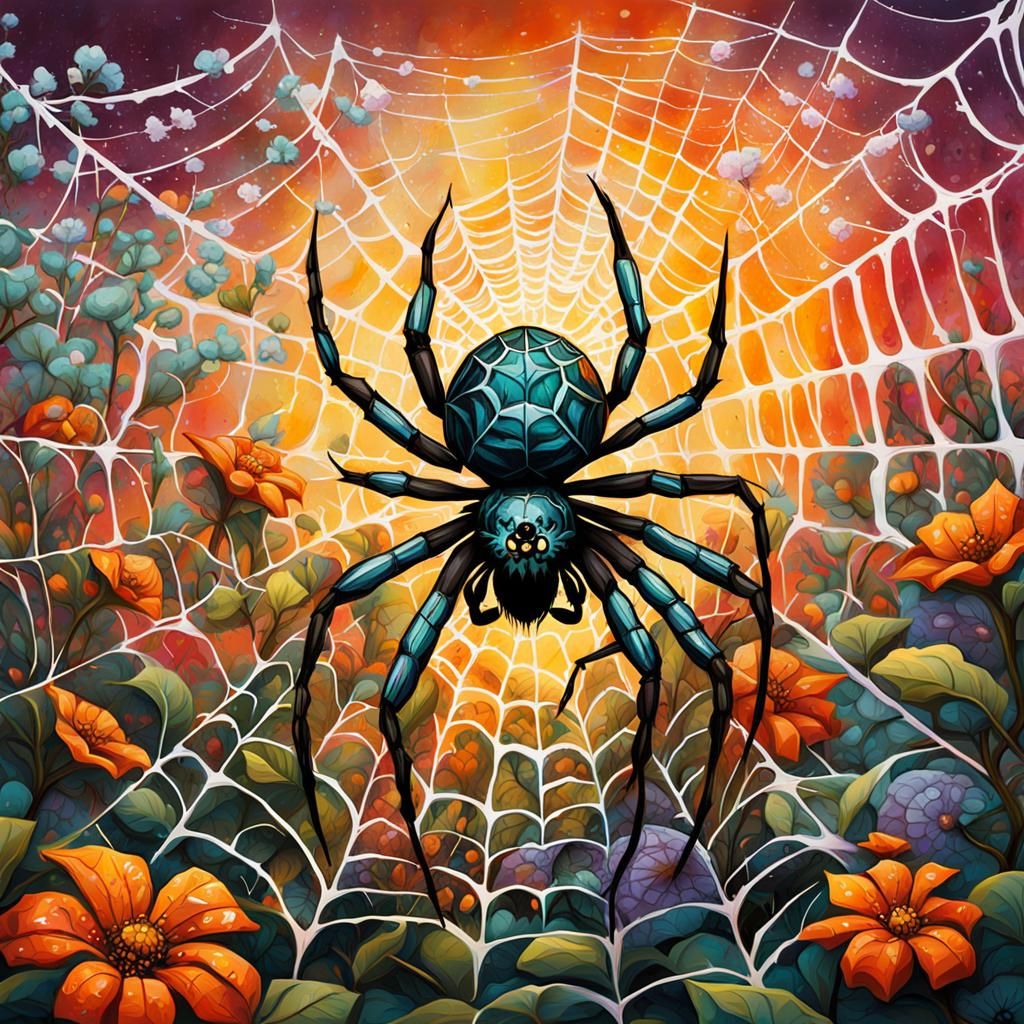 Spider on Web in Floral Field, Graffiti Art Style