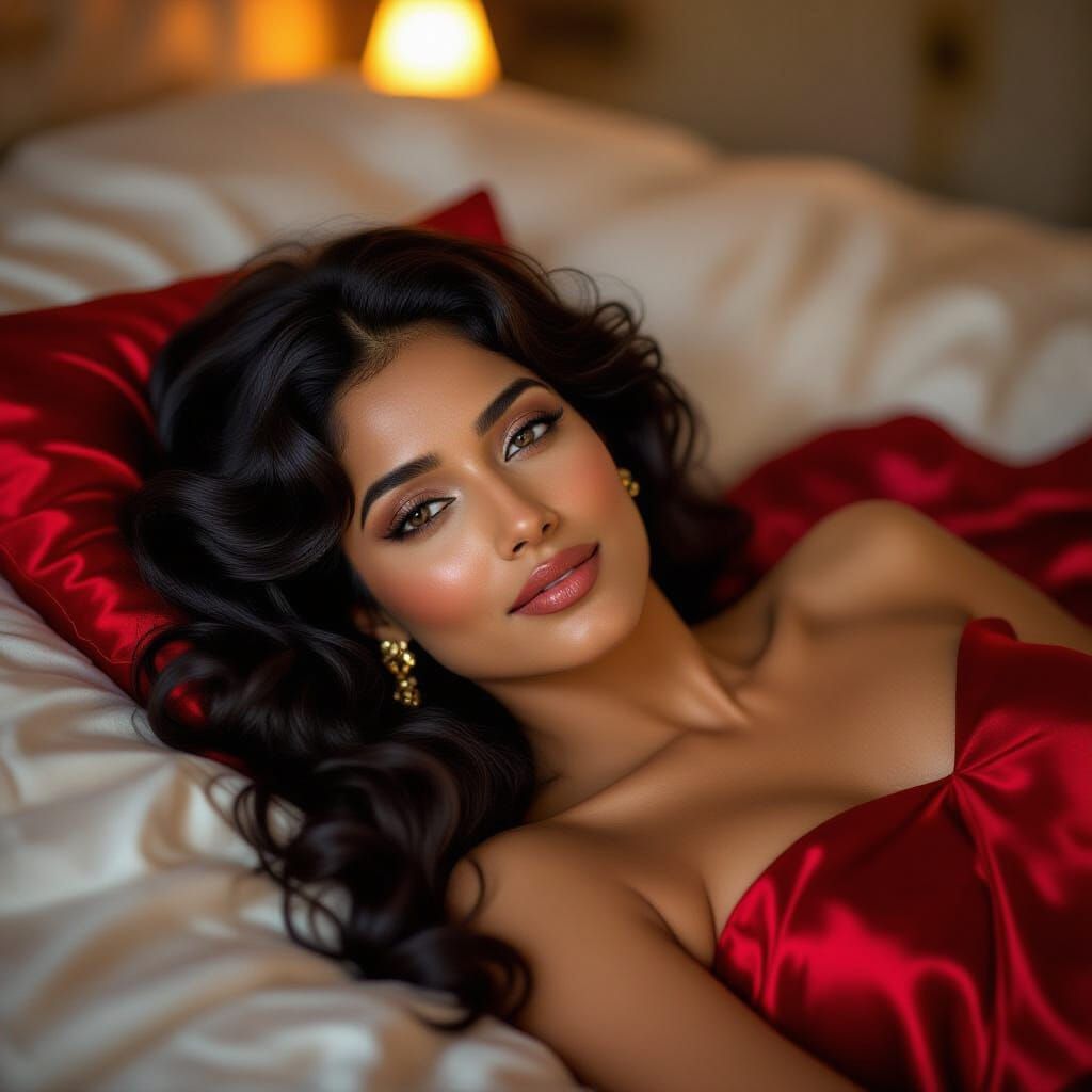 Cinematic Portrait of East Indian Woman on Silk Bed