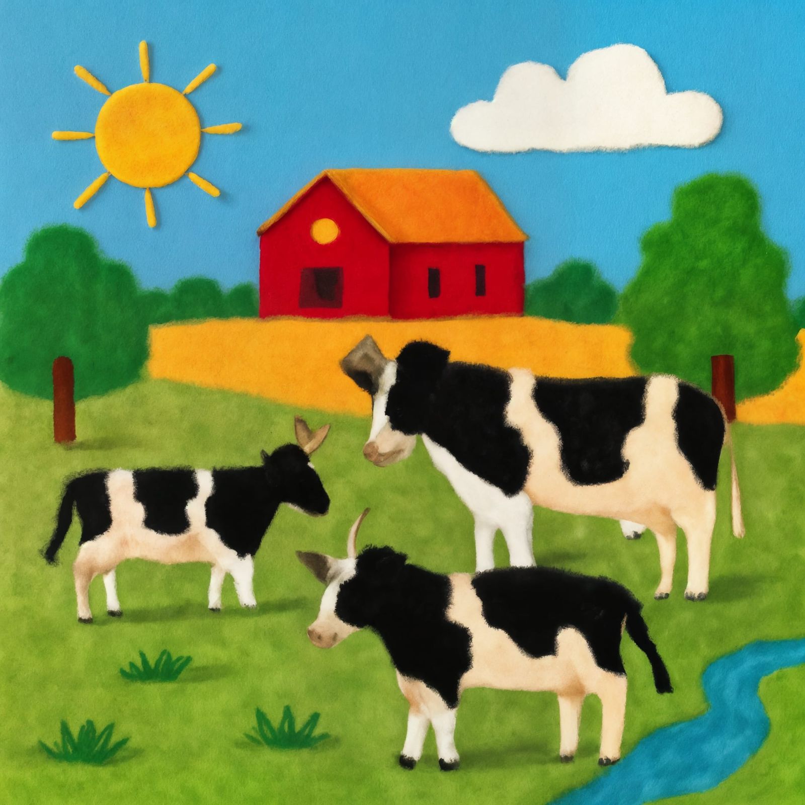Felt Farmhouse Scene with Cows in a Summer Field