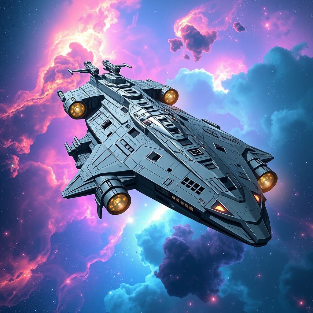 Colossal Spaceship Drifting Through Nebula in 3D Anime Art