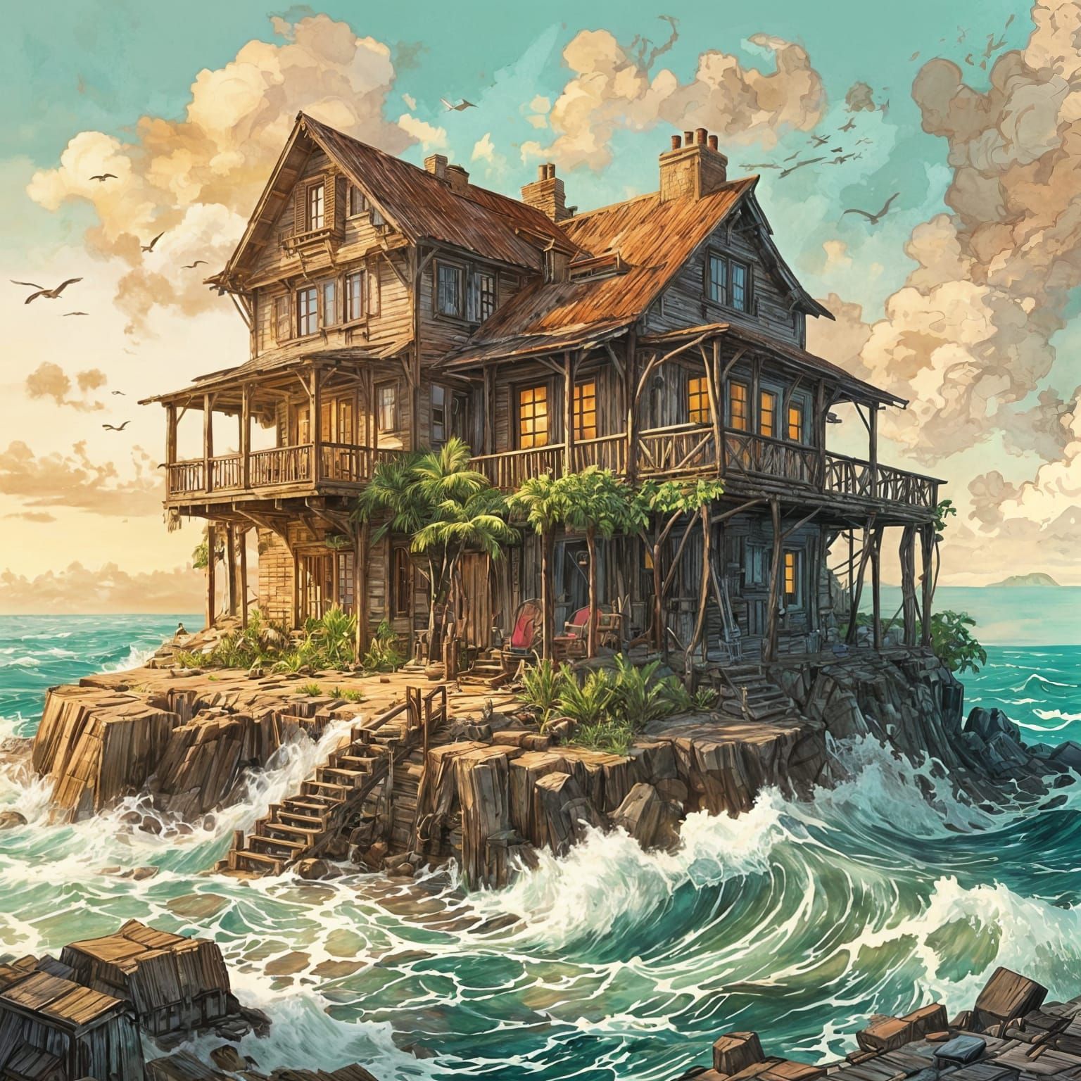 Isolated Island Home in Antique Watercolor Style